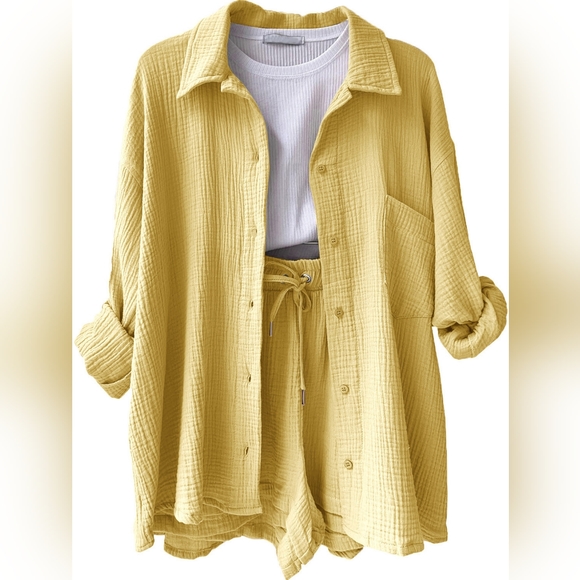 Joanna Button Up Shirt & Shorts Set - Yellow - Picture 4 of 7